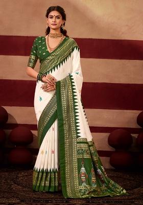 Green Printed Silk Blend Saree Set