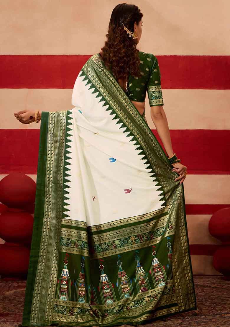 Green Printed Silk Blend Saree Set - Indya