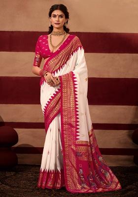 Pink Printed Silk Blend Saree Set
