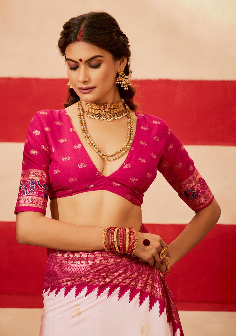 Pink Printed Silk Blend Saree Set - Indya