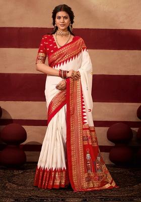 Red Printed Silk Blend Saree Set