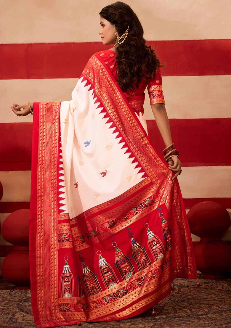 Red Printed Silk Blend Saree Set - Indya