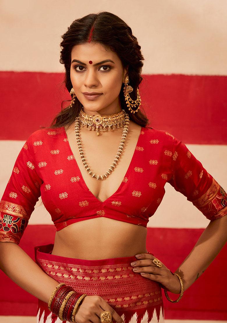 Red Printed Silk Blend Saree Set - Indya