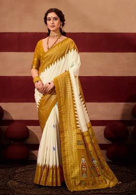 Mustard Printed Silk Blend Saree Set