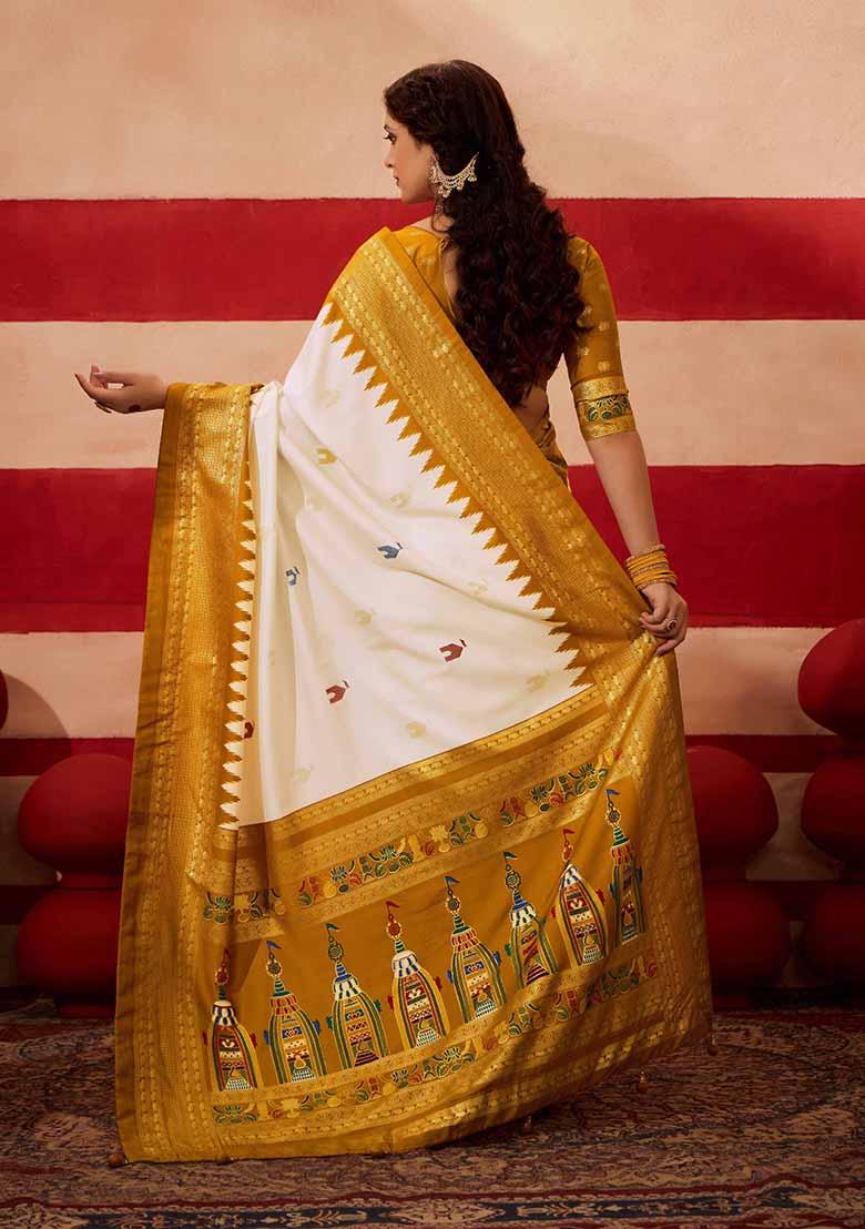 Mustard Printed Silk Blend Saree Set - Indya