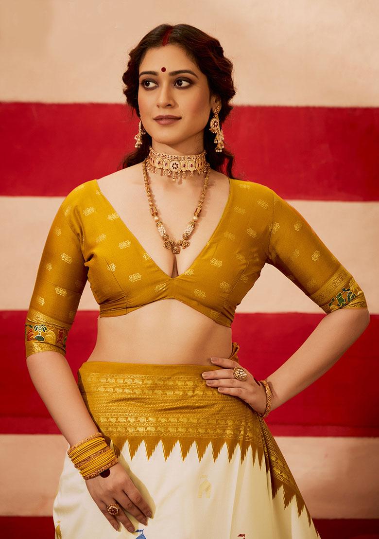 Mustard Printed Silk Blend Saree Set - Indya