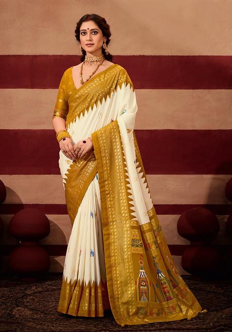Mustard Printed Silk Blend Saree Set