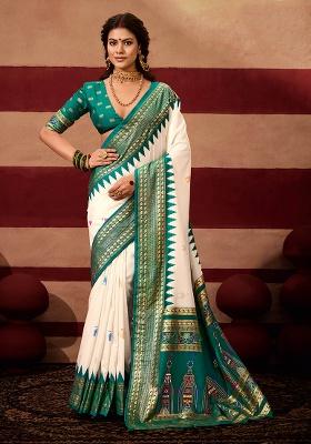 Teal Printed Silk Blend Saree Set