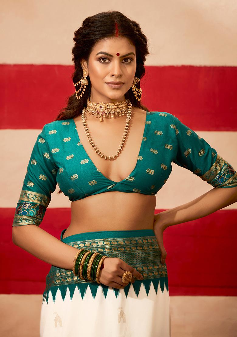 Teal Printed Silk Blend Saree Set - Indya