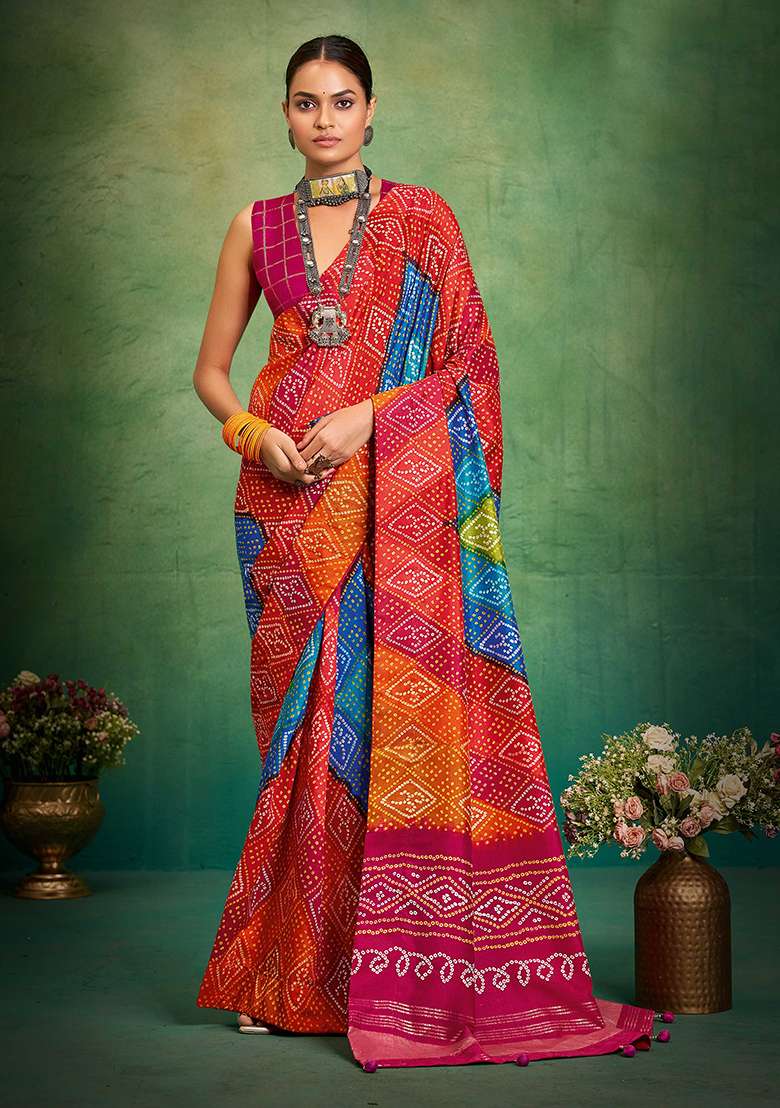 Orange Printed Silk Blend Saree Set for Diwali and Festive Wear - Indya