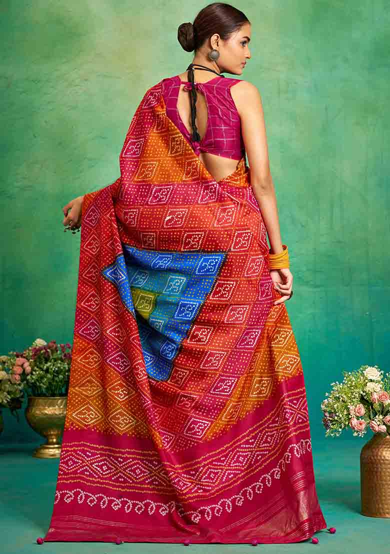 Orange Printed Silk Blend Saree Set - Indya