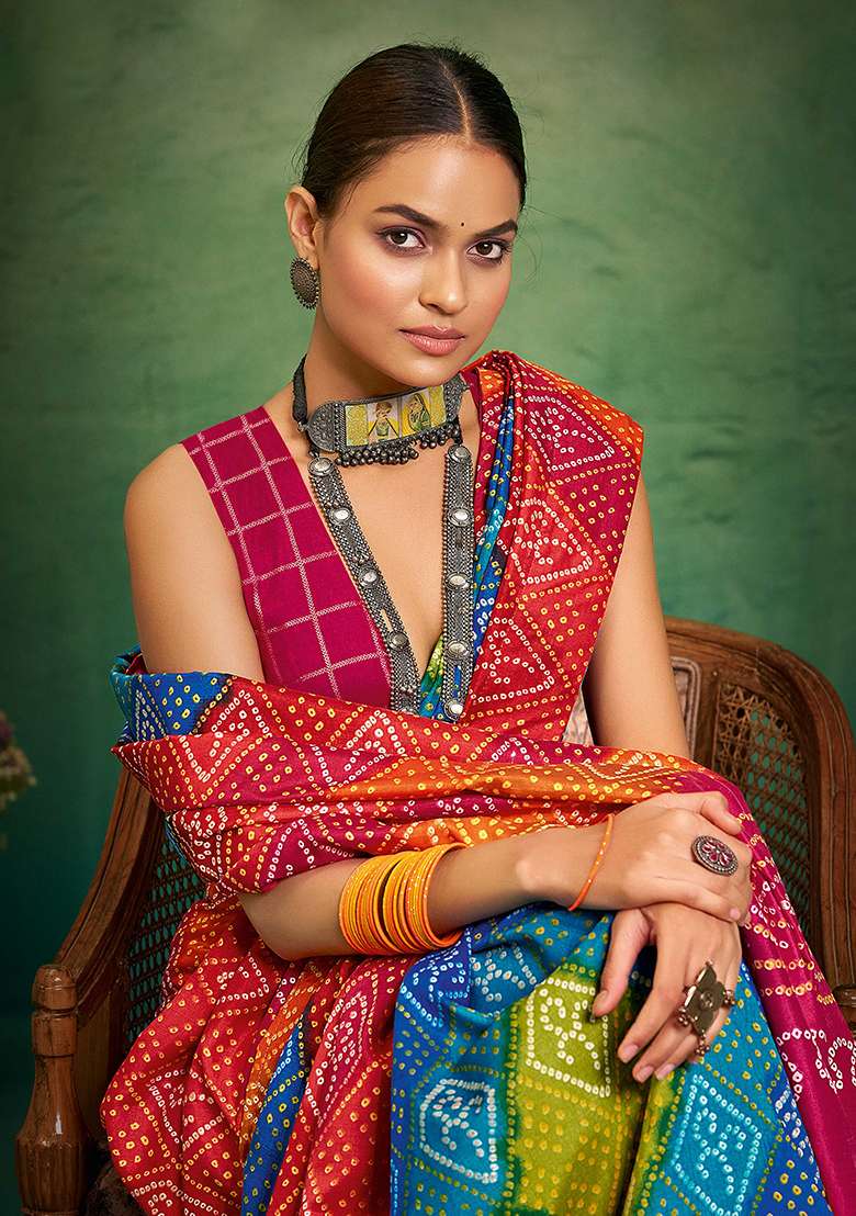 Orange Printed Silk Blend Saree Set for Diwali and Festive Wear - Indya