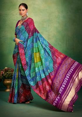 Purple Printed Silk Blend Saree Set