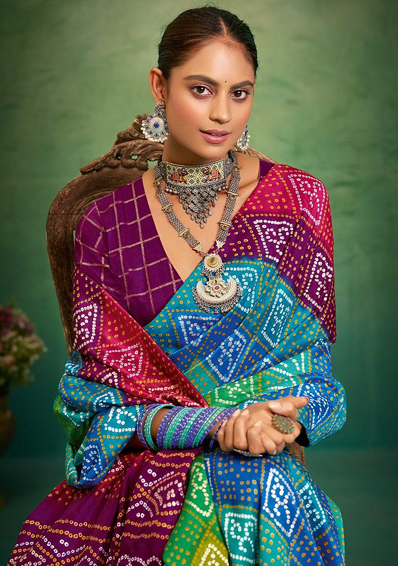 Purple Printed Silk Blend Saree Set - Indya