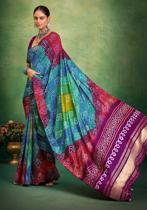 Purple Printed Silk Blend Saree Set