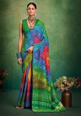Green Printed Silk Blend Saree Set