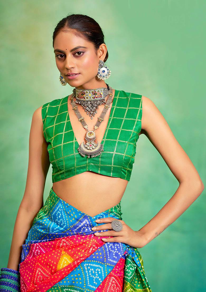 Green Printed Silk Blend Saree Set - Indya