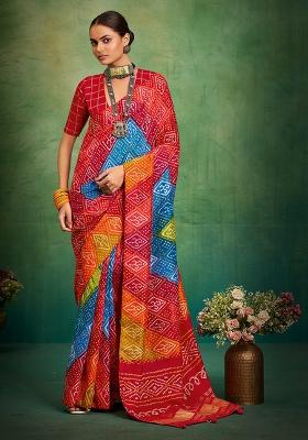 Red Printed Silk Blend Saree Set