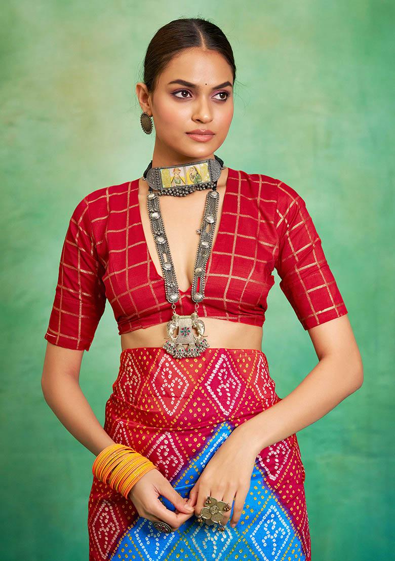 Red Printed Silk Blend Saree Set - Indya