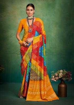 Yellow Printed Silk Blend Saree Set