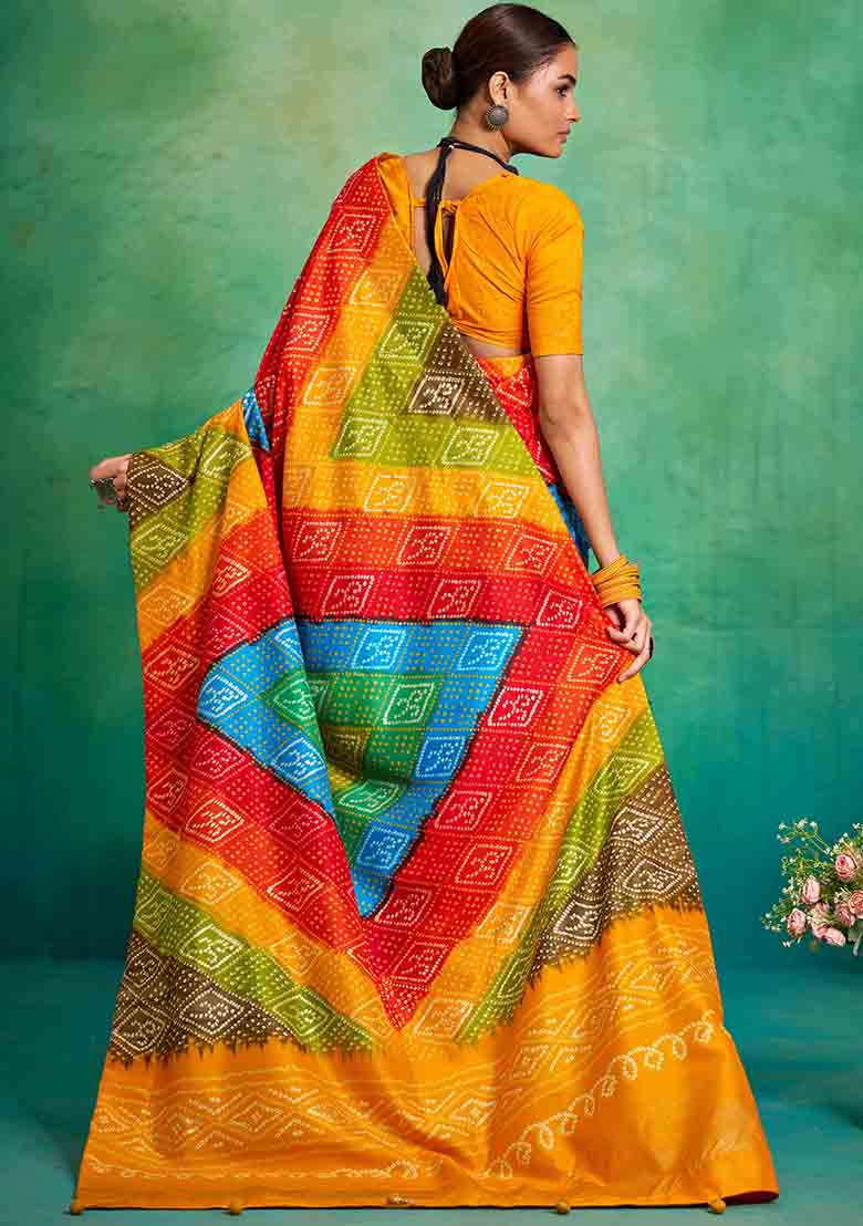 Yellow Printed Silk Blend Saree Set - Indya