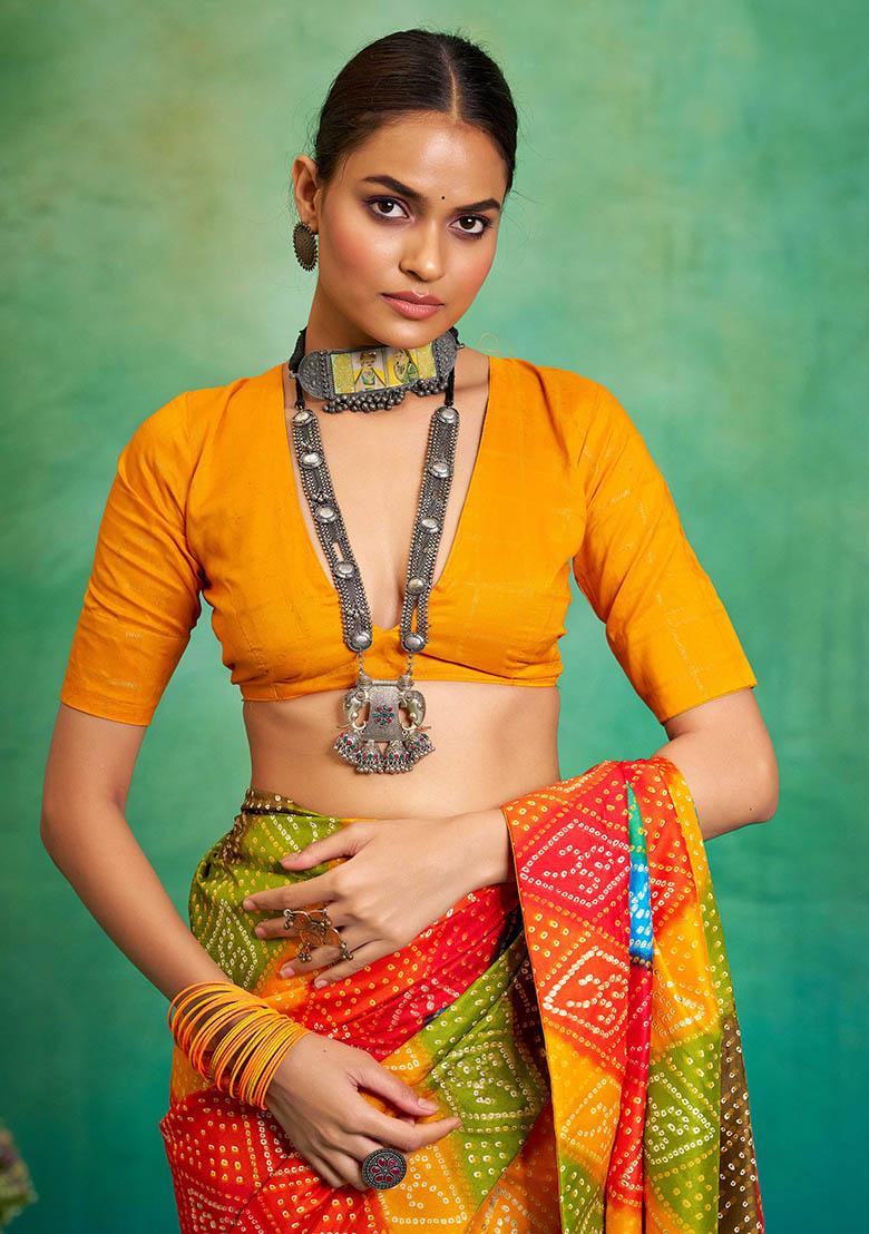 Yellow Printed Silk Blend Saree Set - Indya