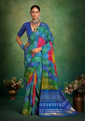 Blue Printed Silk Blend Saree Set