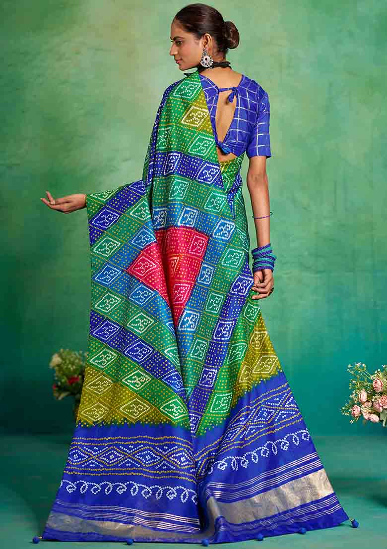 Blue Printed Silk Blend Saree Set - Indya