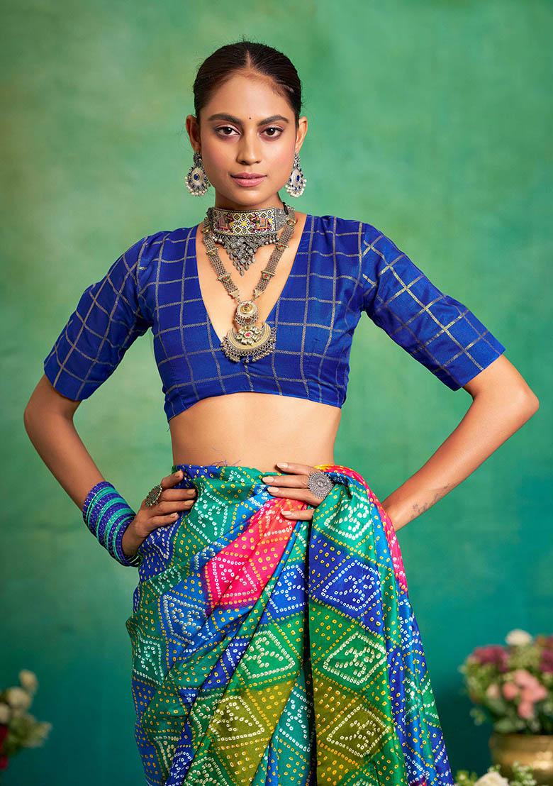 Blue Printed Silk Blend Saree Set - Indya