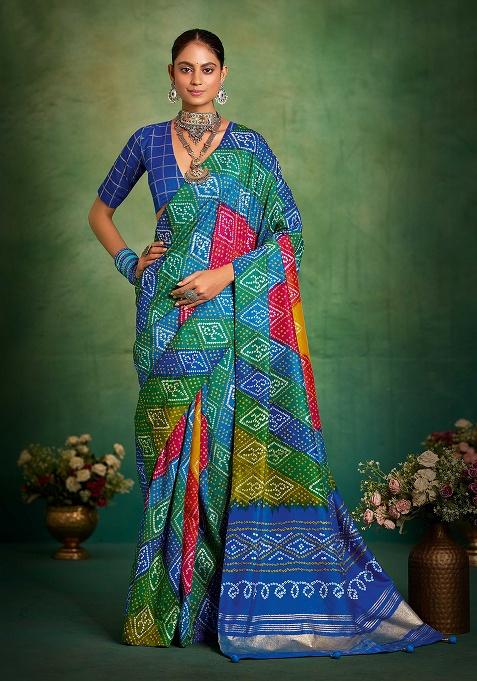 Blue Printed Silk Blend Saree Set