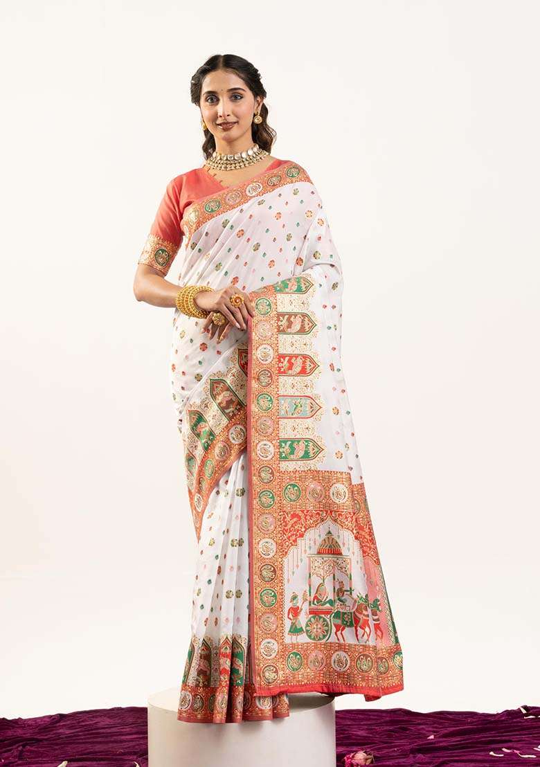 White Woven Silk Saree Set for Diwali | Wedding & Festive Wear - Indya