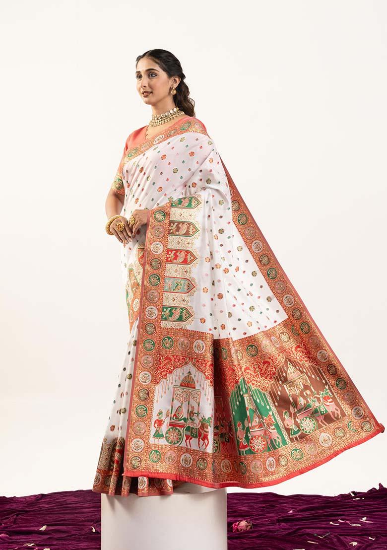 White Woven Silk Saree Set - Indya