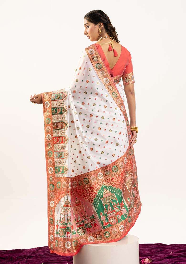 White Woven Silk Saree Set for Diwali | Wedding & Festive Wear - Indya