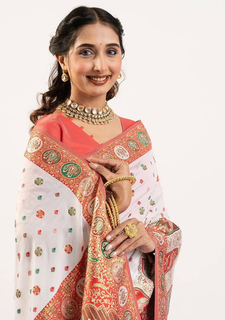 White Woven Silk Saree Set - Indya