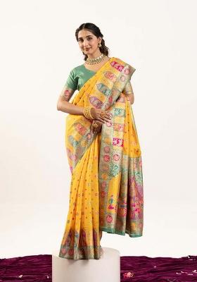 Yellow Woven Silk Saree Set