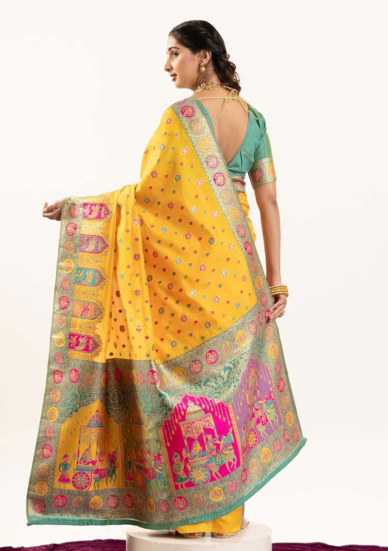 Yellow Woven Silk Saree Set - Indya