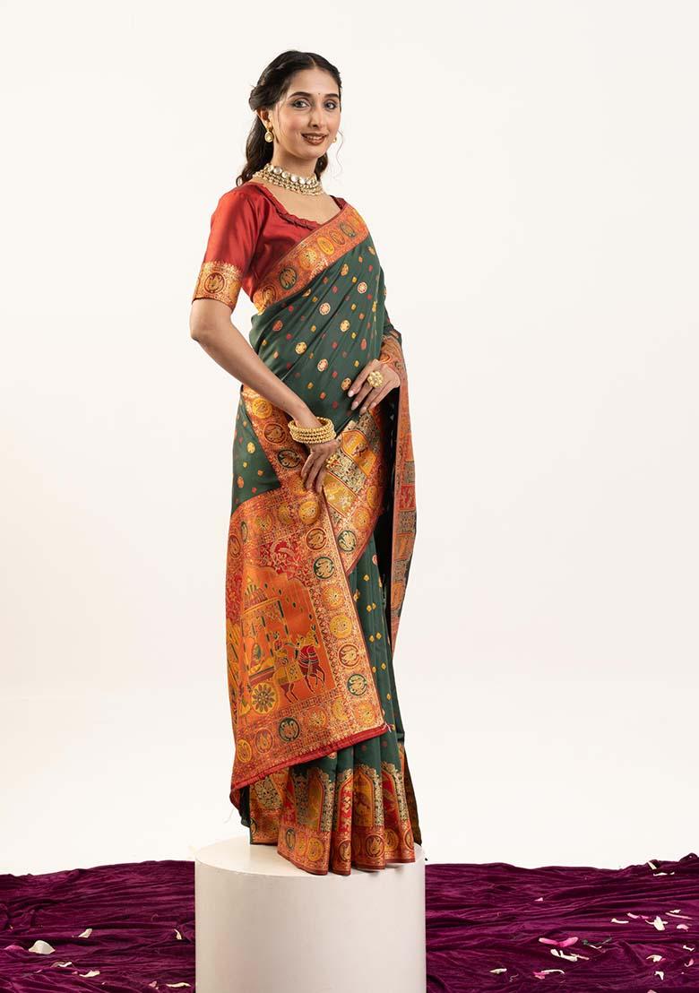 Green Woven Silk Saree Set - Indya