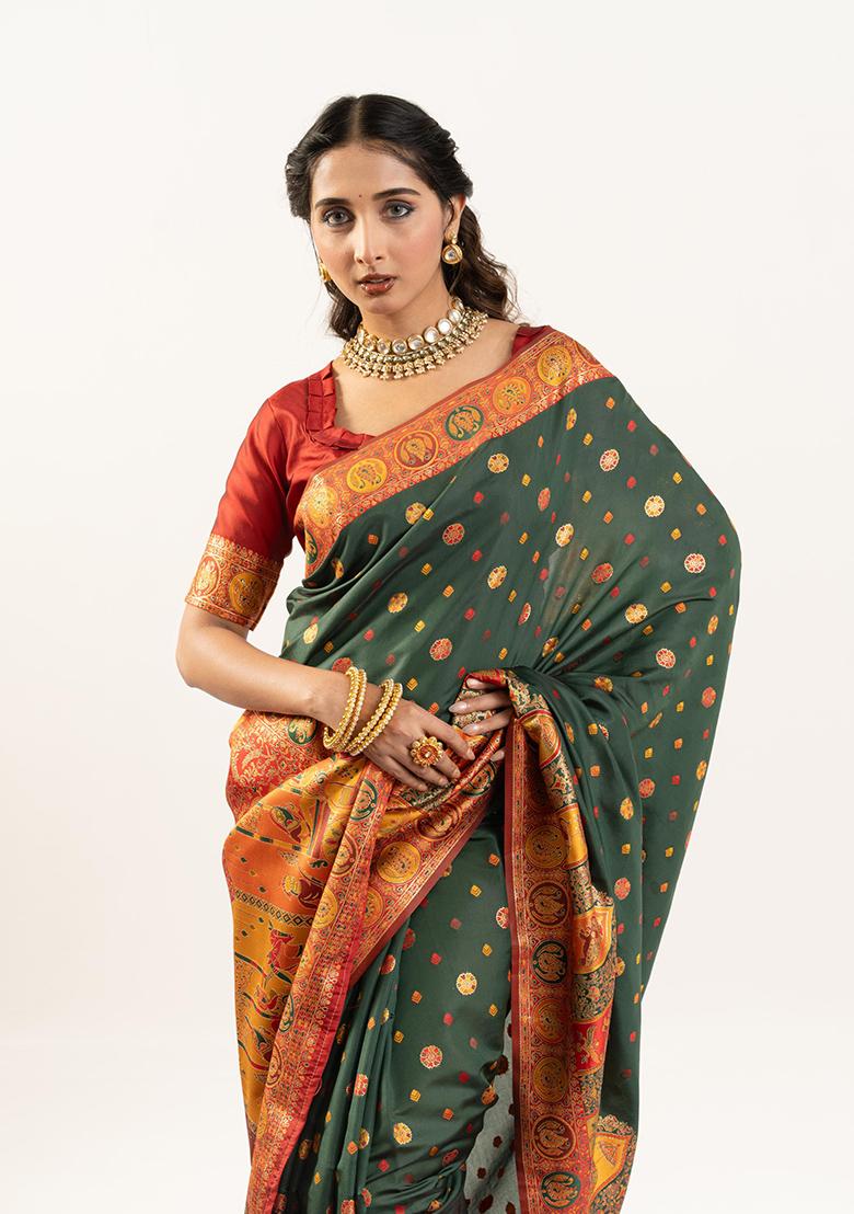 Green Woven Silk Saree Set - Indya