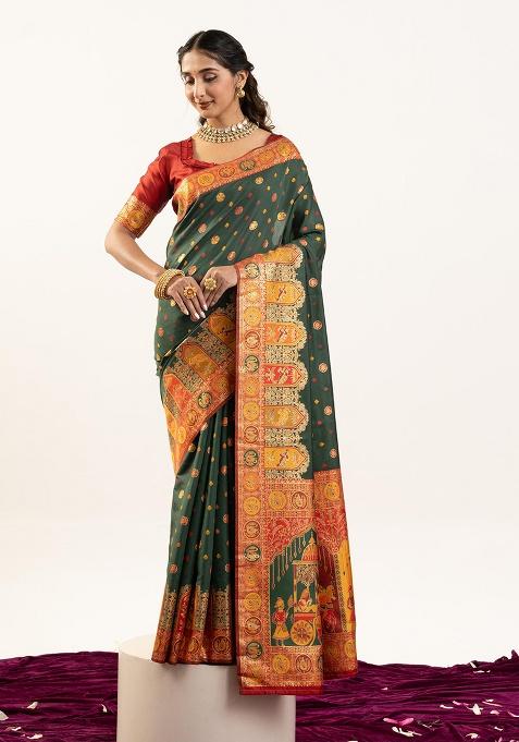 Green Woven Silk Saree Set