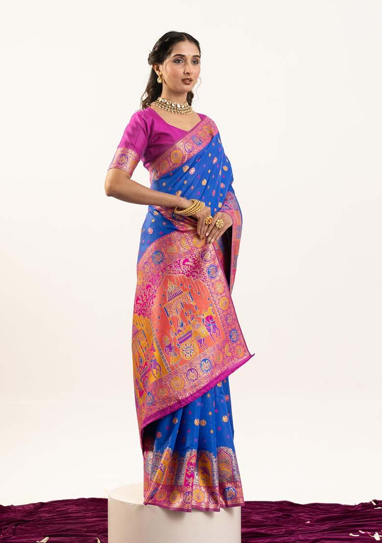 Sky Blue Woven Silk Saree Set - Indya