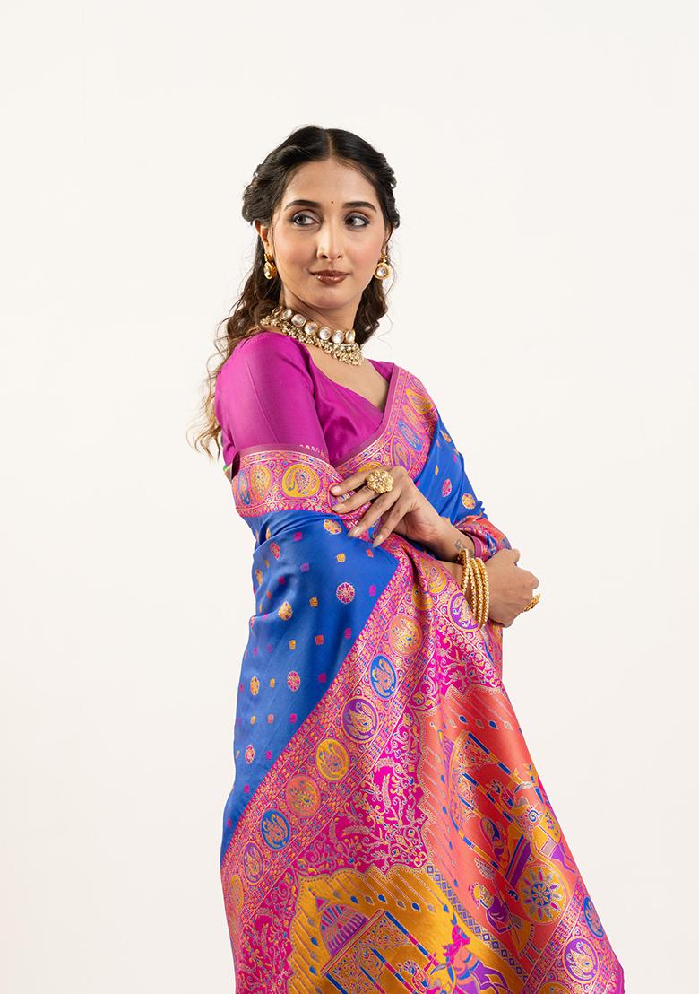 Sky Blue Woven Silk Saree Set - Indya