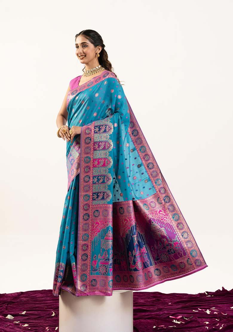 Green Woven Silk Saree Set - Indya