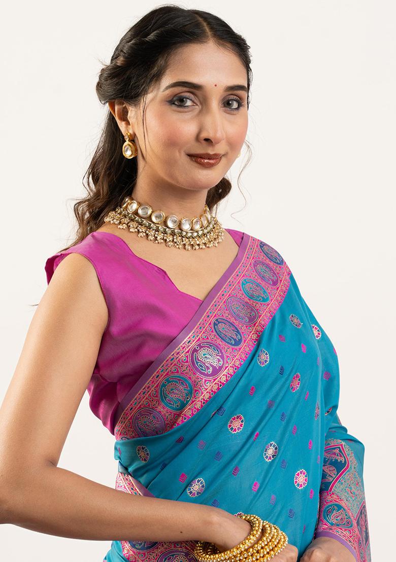 Green Woven Silk Saree Set - Indya