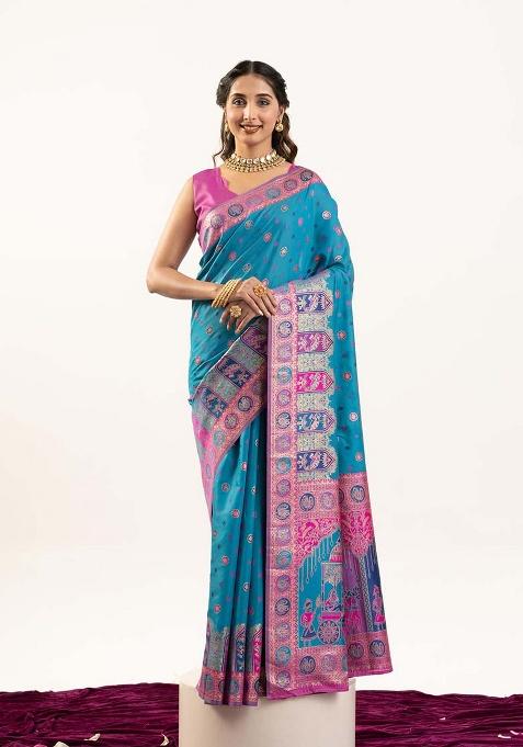 Green Woven Silk Saree Set
