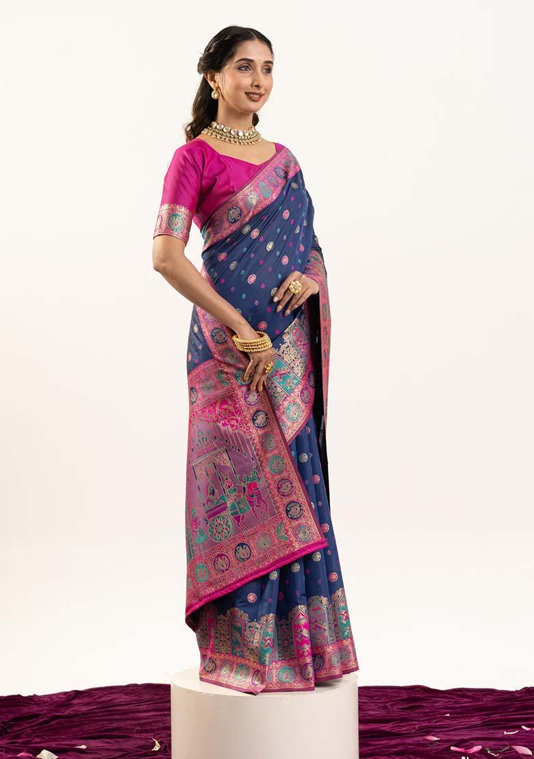 Blue Woven Silk Saree Set - Indya