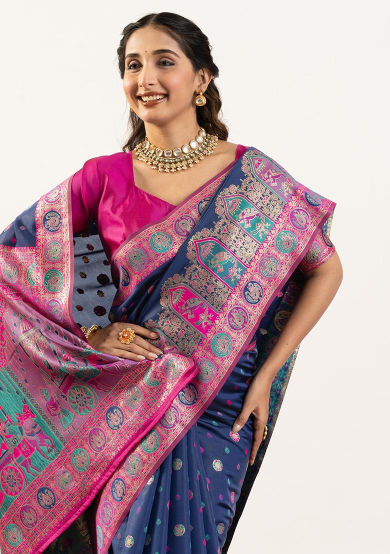 Blue Woven Silk Saree Set - Indya
