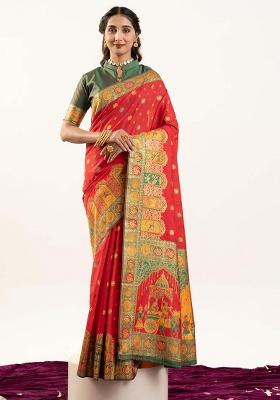 Red Woven Silk Saree Set