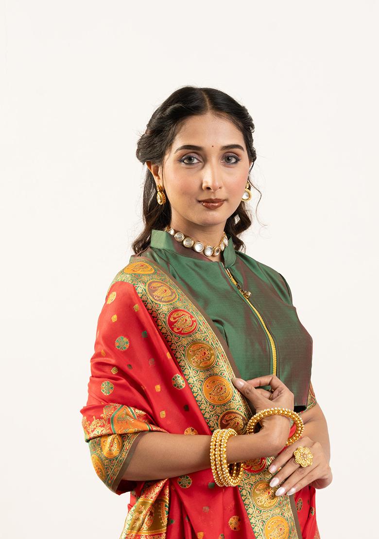 Red Woven Silk Saree Set - Indya