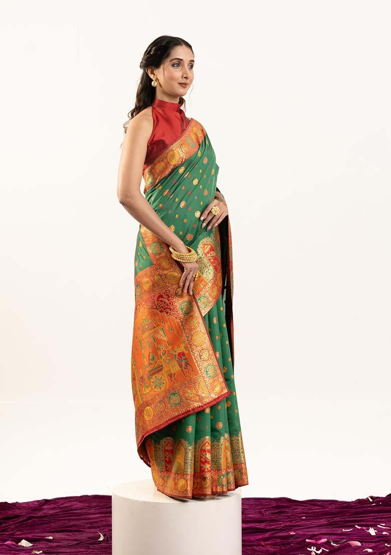 Green Woven Silk Saree Set - Indya