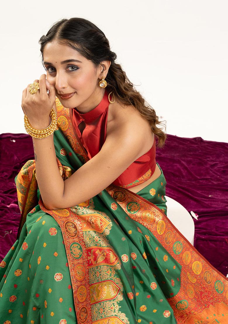 Green Woven Silk Saree Set - Indya